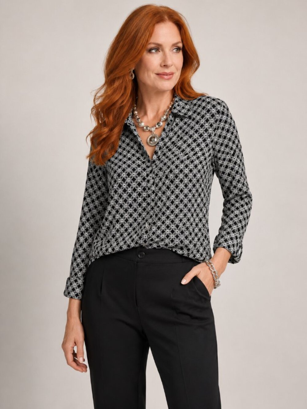 Ny Collection Black and White Geometric Print Button Down Top NWT